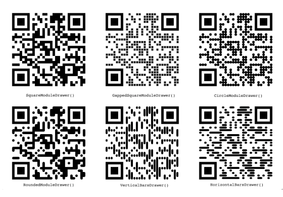 6 exemplos de QR Codes da documentação do pacote