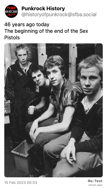 Post by Punkrock History. “46 years ago today The beginning of the end of the Sex Pistols “ The post contains an image with no description. Posted on 15 Feb 2023 00:33