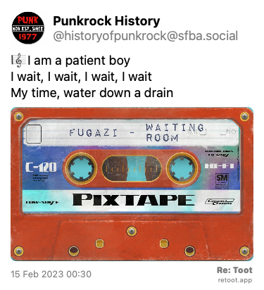 Post by Punkrock History. “🎼I am a patient boy I wait, I wait, I wait, I wait My time, water down a drain“ The post contains an image with no description. Posted on 15 Feb 2023 00:30