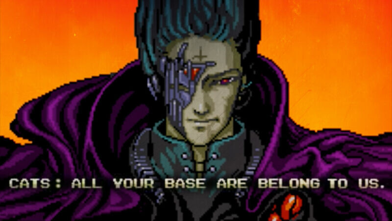 Captura de tela do início do vídeo do link, mostrando a legenda “CATS: ALL YOUR BASE ARE BELONG TO US“