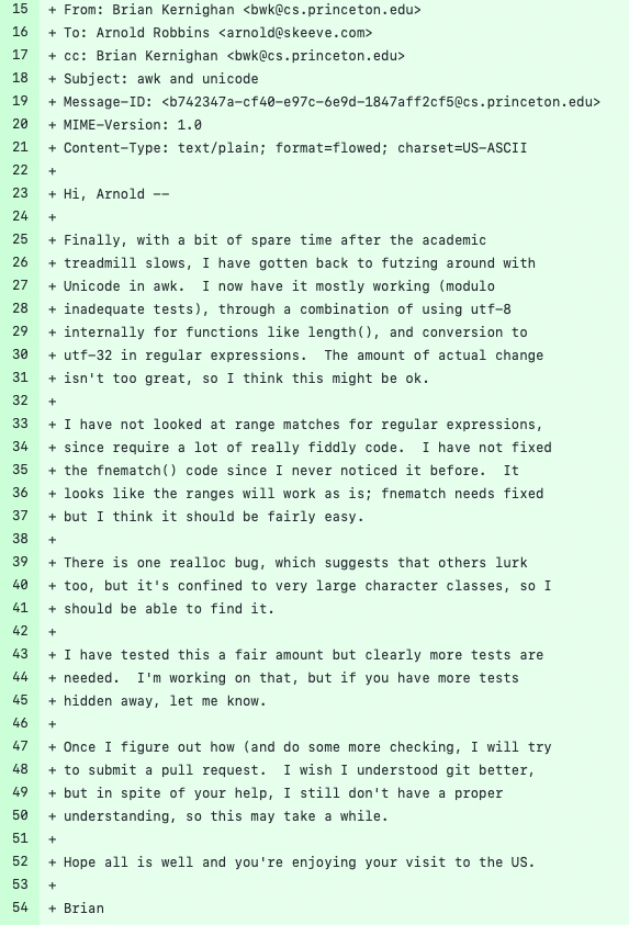 imagem da transcrição de um e-mail de Kernighan, cujo texto está disponível no link do Github, acima.