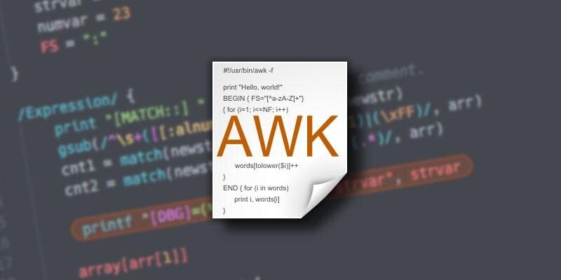 ícone representando a linguagem awk, sobre disposto sobre um trecho de programa em awk