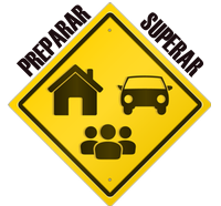 Logo do site, com símbolos de abrigo, transporte e comunidade, e as palavras preparar e superar.