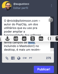 print mostrando a barra de ferramentas do Popclip no editor de toots do Mastodon.