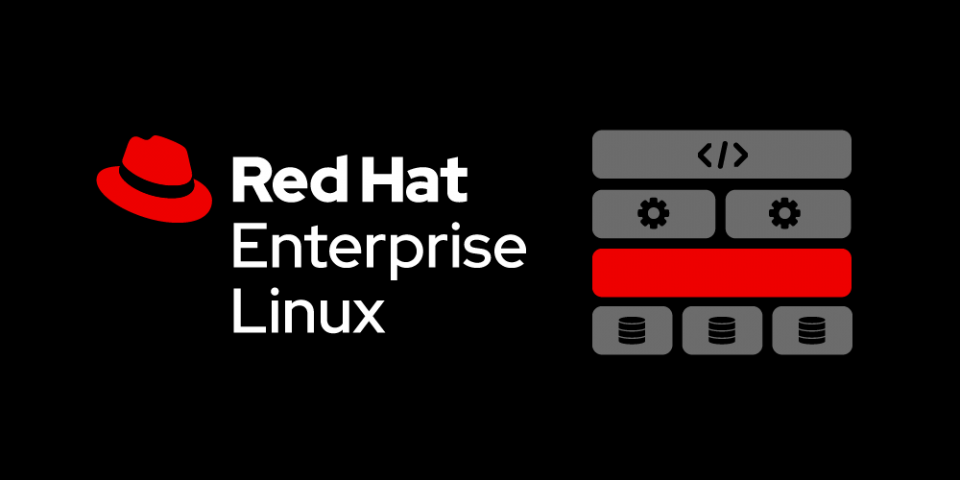 Um slide ilustrativo, promovendo o produto Red Hat Enterprise Linux