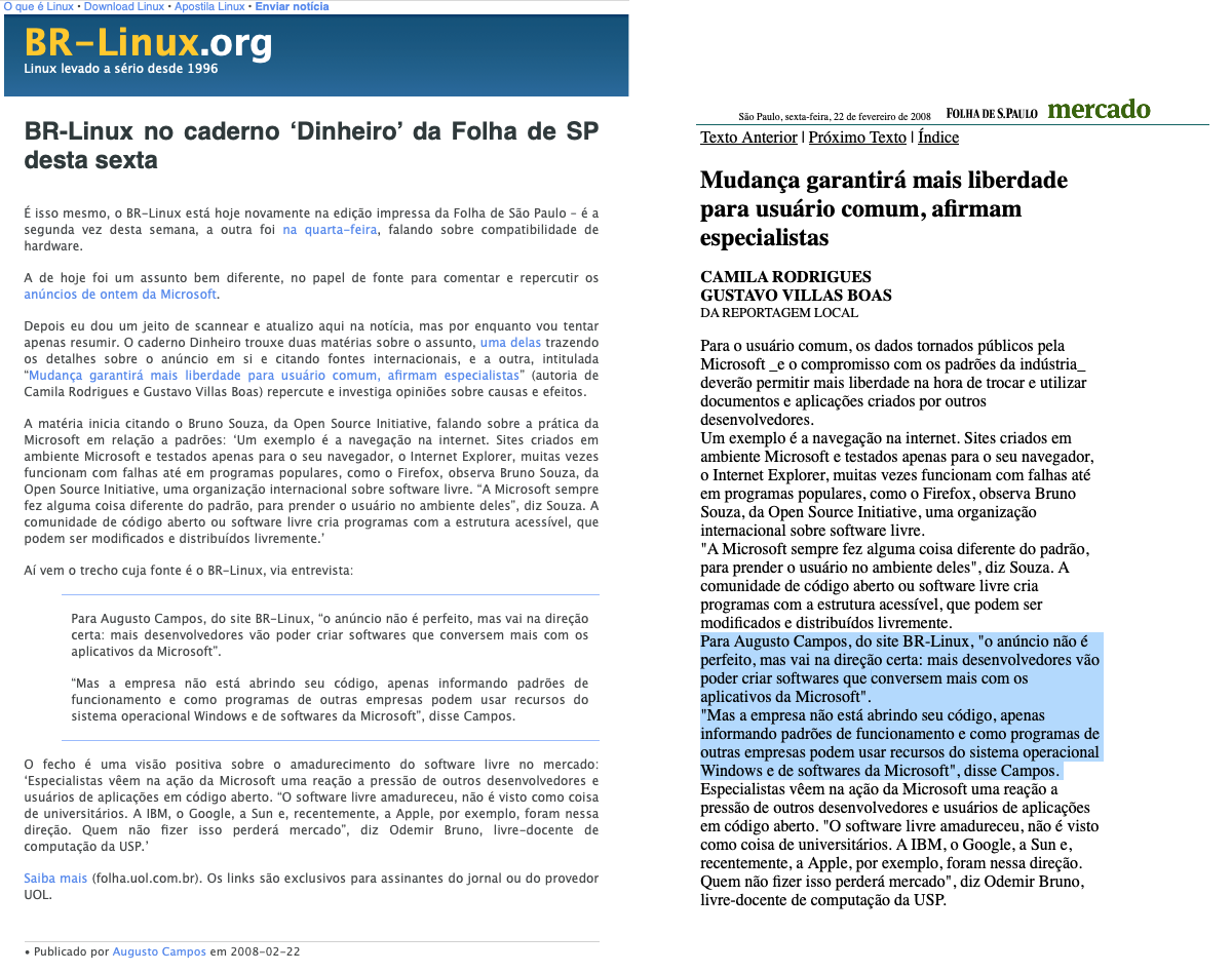 print do post do link acima, e print da versão on-line da matéria da Folha, cujo link está no post