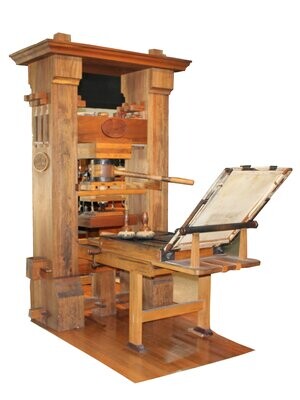 Foto de uma reprodução da prensa de Gutenberg (a partir de gravuras da época) do Museu Internacional da Impressão, em Carson, California.