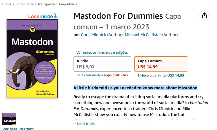 print do link acima no site da Amazon, incluindo a capa do livro mostrando a foto de um elefante