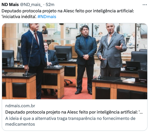 Print de chamada para matéria da imprensa com o título:<br> <br>Deputado protocola projeto na Alesc feito por inteligência artificial:<br>'iniciativa inédita'. 