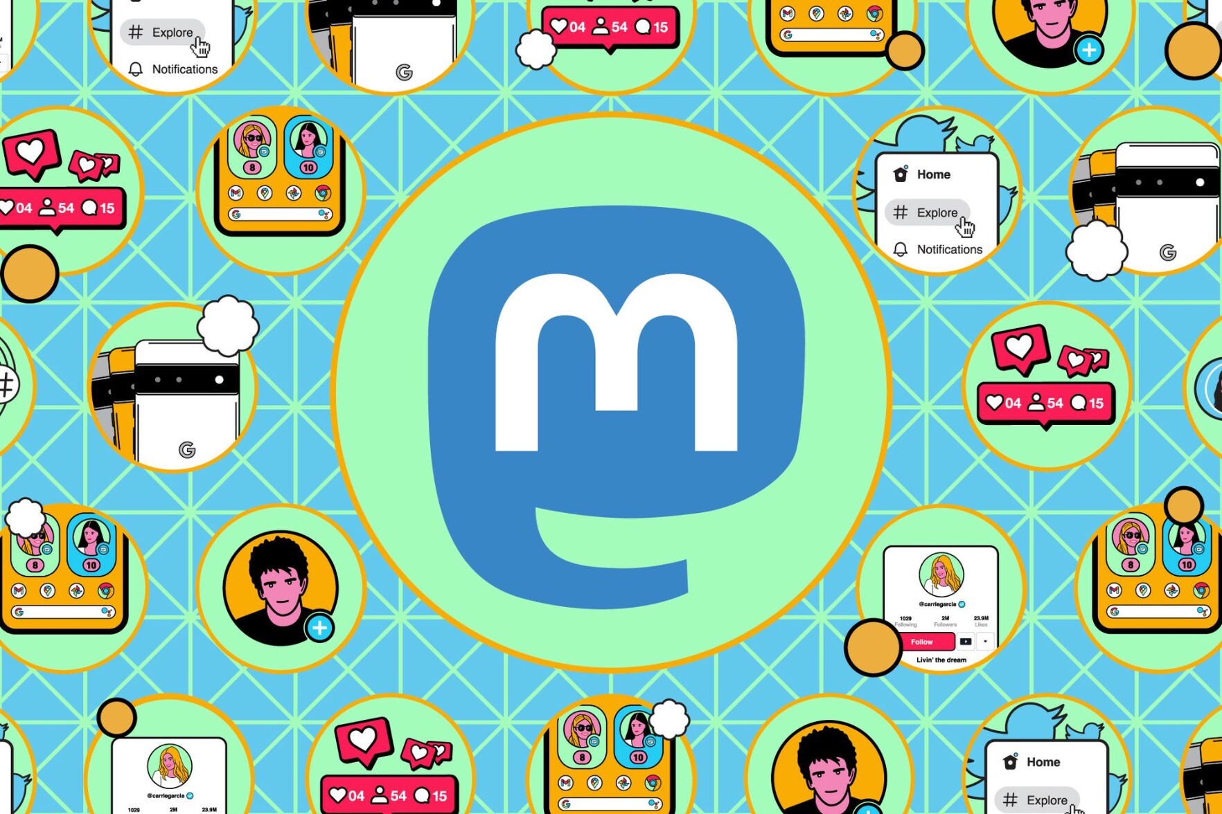 uma nuvem de perfis ao redor do logo do Mastodon