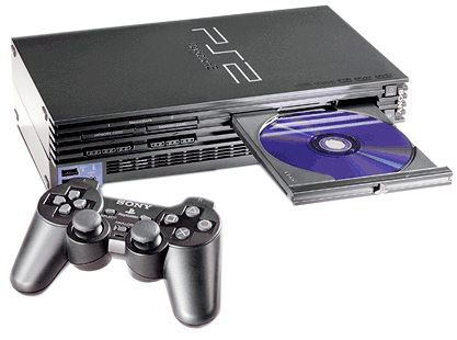 Foto de um PS2 com a bandeja de CD aberta e um controle.