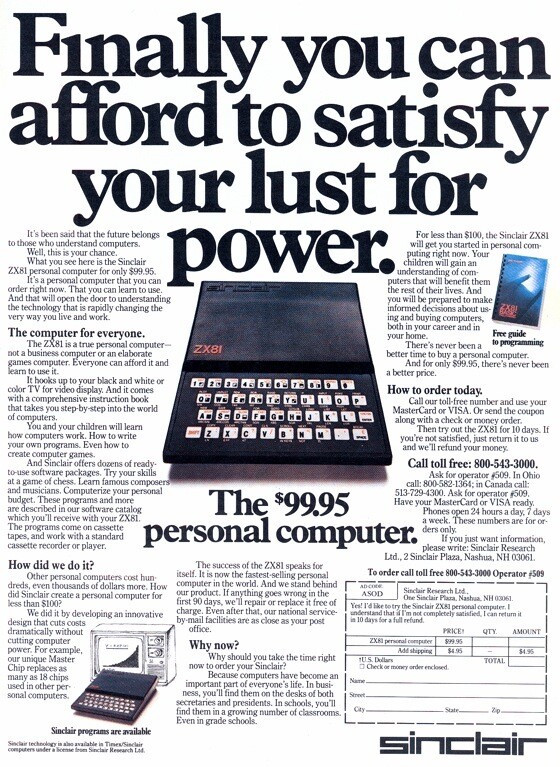 Anúncio do ZX81 no mercado dos EUA, abaixo de 100 dólares.