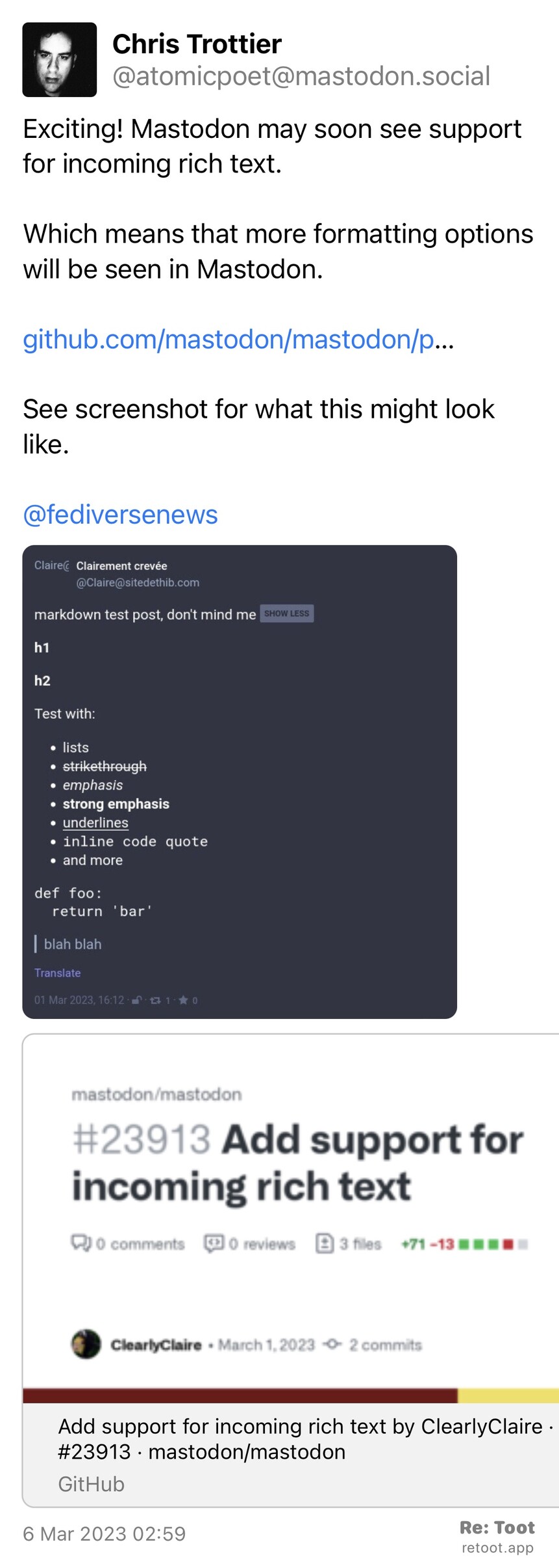 Post by Chris Trottier. “Exciting! Mastodon may soon see support for incoming rich text.  Which means that more formatting options will be seen in Mastodon.  github.com/mastodon/mastodon/p… See screenshot for what this might look like.  @fediversenews“ The post contains an image with the following description: “Rich text formatting options for Mastodon“ Posted on 6 Mar 2023 02:59