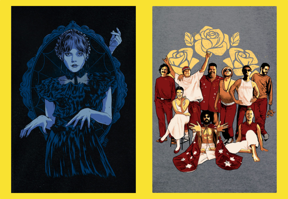 Duas estampas de camisetas, sendo uma com a Wednesday Addams dançando (versão 2022), e a outra com vários cantores do rock e pop brasileiros que já se foram.