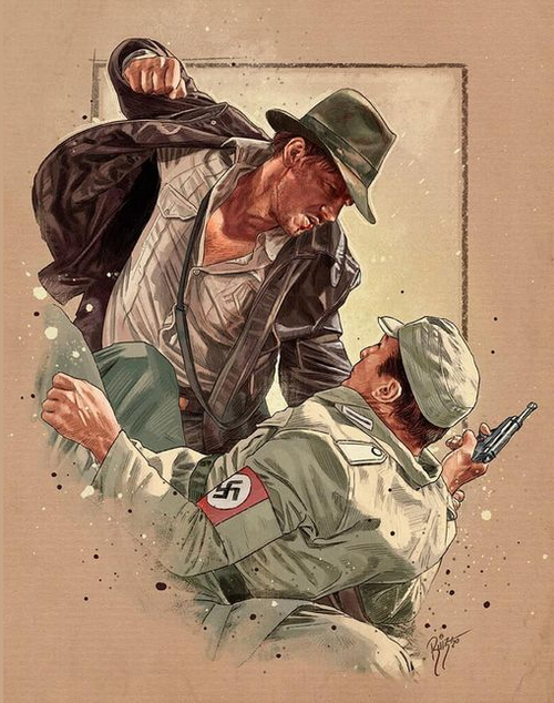 Gravura do personagem Indiana Jones, em cena de filme, retribuindo a agressão de um soldado com uniforme contendo cruz suástica