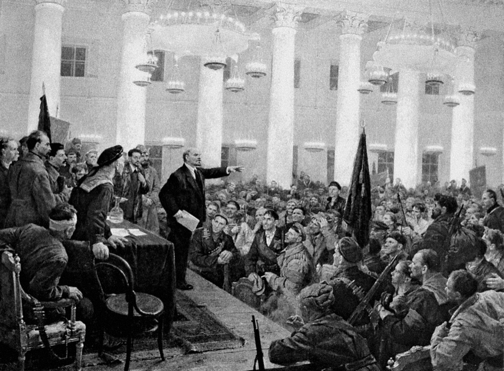 Gravura representando reunião do partido bolchevique