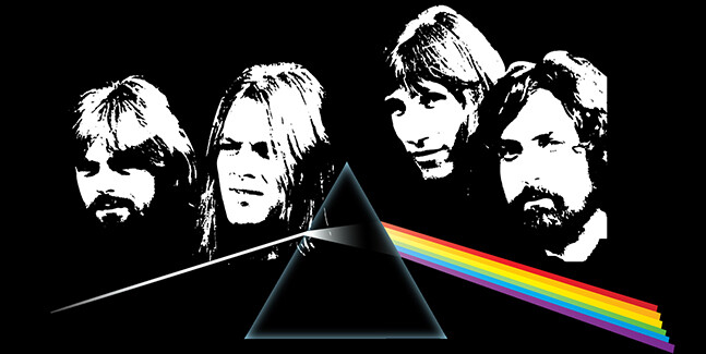 Imagens dos integrantes da banda Pink Floyd e do prisma que a caracteriza.