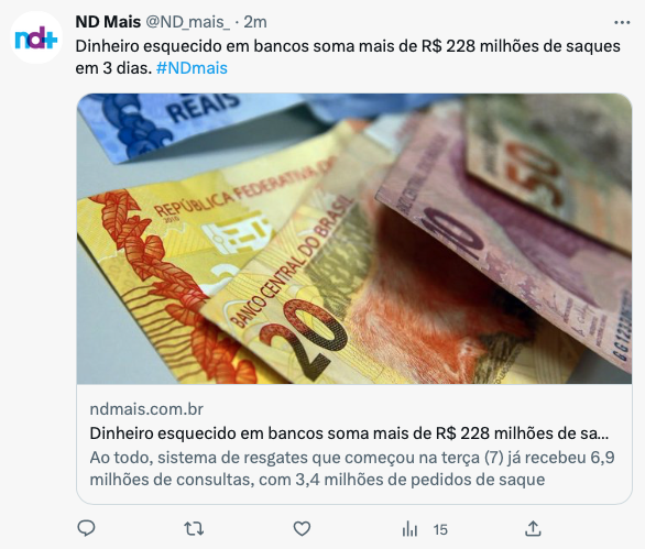 print de matéria dizendo “Dinheiro esquecido em bancos soma mais de R$ 228 milhões em saques em 3 dias“