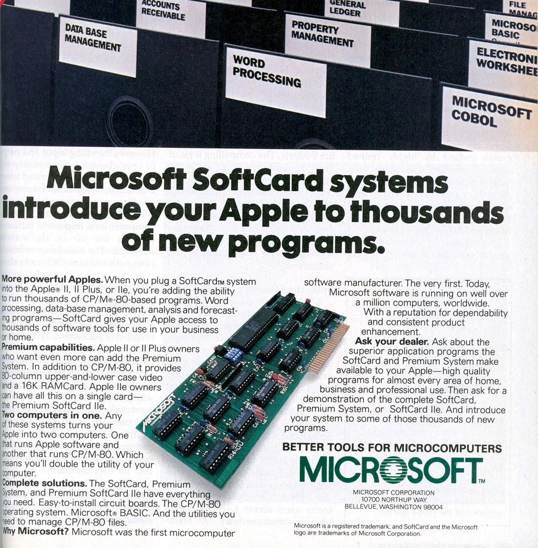 Foto de anúncio da placa Microsoft SoftCard em revista antiga