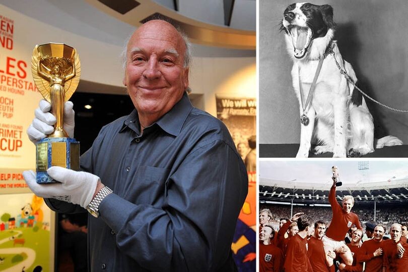 Montagem jornalística de Pickles, seu tutor e a taça.