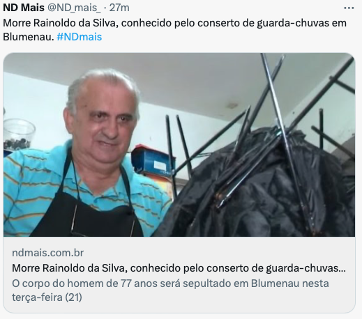 Print da chamada para a matéria com o título: Morre Rainoldo da Silva, conhecido pelo conserto de guarda-chuvas em Blumenau.