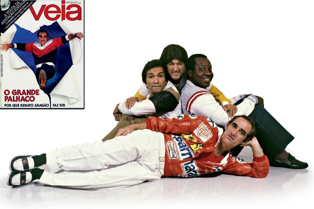 A capa da Veja e os 4 Trapalhões nos anos 1980.