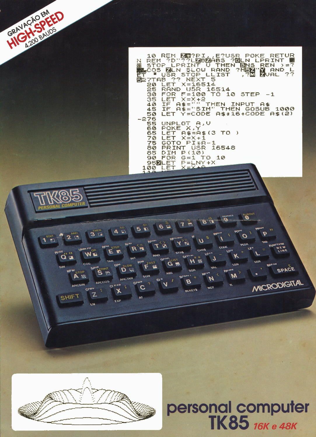 Folheto promocional mostrando o teclado do TK85