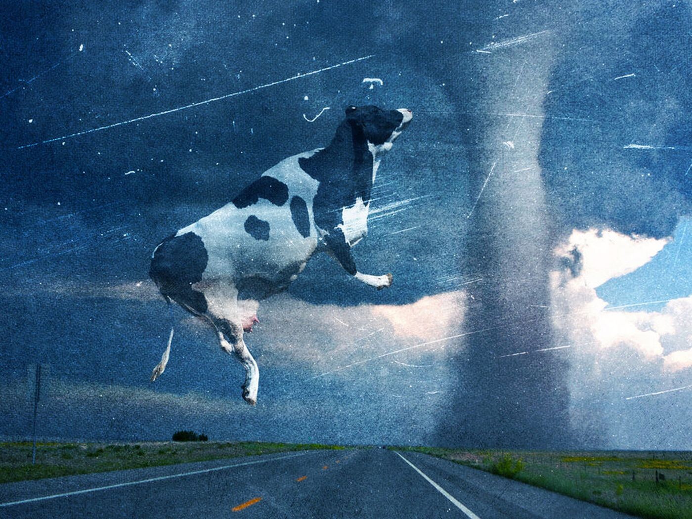 Cena célebre do filme, com uma vaca malhada voando e um tornado ao fundo