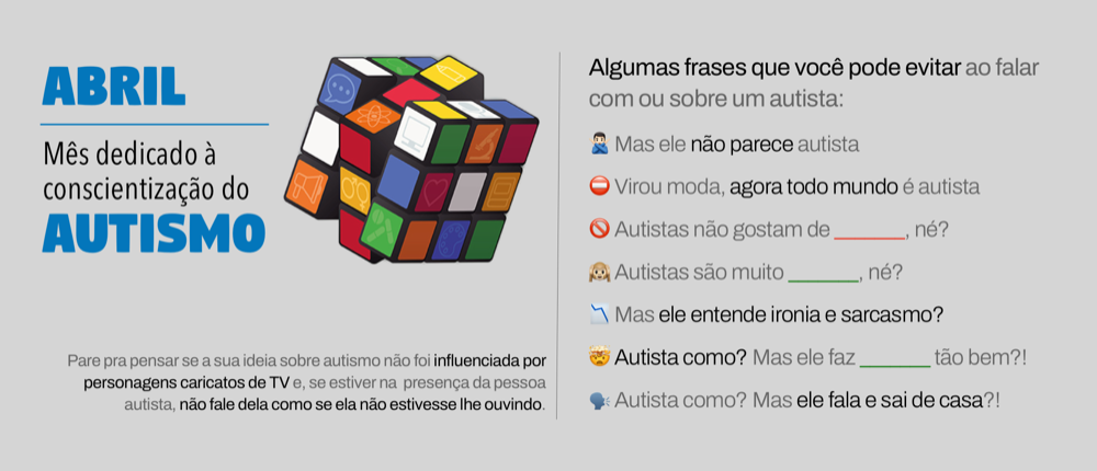 texto do card:<br><br>Abril<br>Mês dedicado à conscientização do autismo<br><br>Algumas frases que você pode evitar ao falar com ou sobre um autista:<br><br>🙅🏻‍♂ Mas ele não parece autista<br>⛔ Virou moda, agora todo mundo é autista<br>🚫 Autistas não gostam de X, né?<br>🙉 Autistas são muito X, né?<br>📉 Mas ele entende ironia e sarcasmo?<br>🤯 Autista como? Mas ele faz X tão bem?!<br>🗣️ Autista como? Mas ele fala e sai de casa?!<br><br>Em especial, pare pra pensar se a sua ideia sobre autismo não foi influenciada por personagens caricatos de TV e, se estiver na  presença da pessoa autista, não fale dela como se ela não estivesse lhe ouvindo.