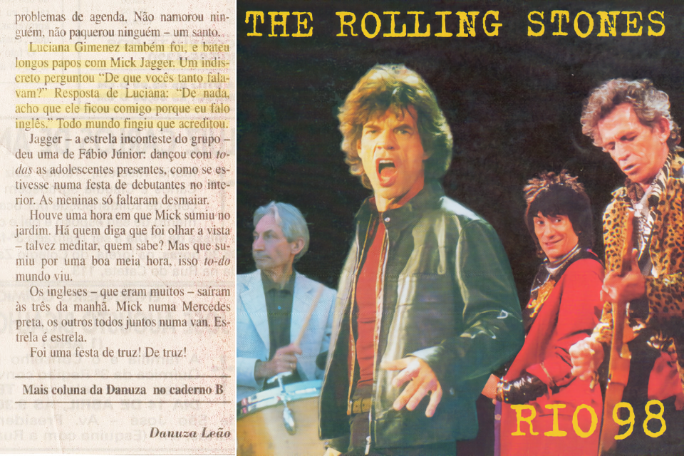 trecho da coluna de Danuza Leão narrando a festa da noite anterior, e o comportamento de Mick jagger e Luciana Gimenez na ocasião, descrito no post.