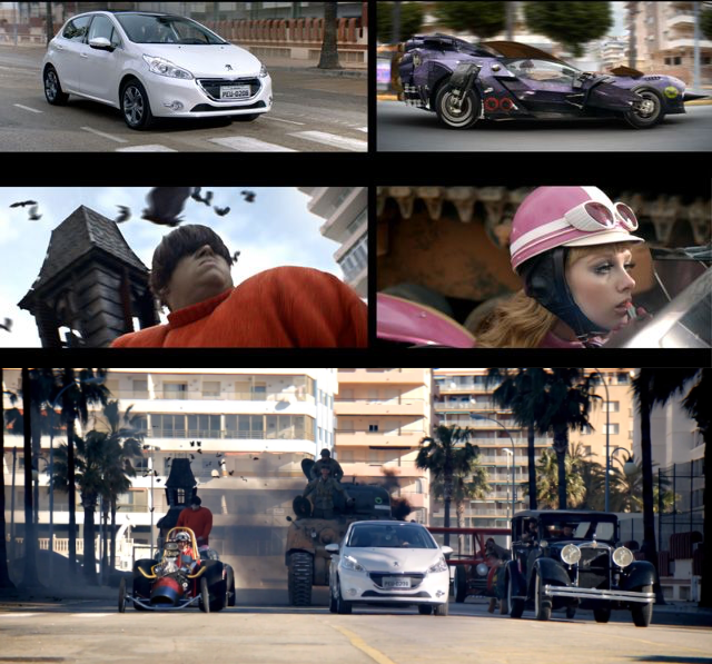 Montagem de 5 cenas do comercial, com o carro do dick vigarista, o cupê mal assombrado, a penélope charmosa, e os carros alinhados no grid de largada