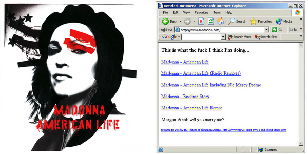 Montagem da capa de American Life e do site de Madonna modificado para oferecer o download de suas músicas em MP3