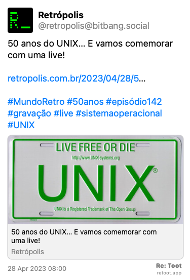 Post by Retrópolis. “50 anos do UNIX… E vamos comemorar com uma live! retropolis.com.br/2023/04/28/5… #MundoRetro #50anos #episódio142 #gravação #live #sistemaoperacional #UNIX“ Posted on 28 Apr 2023 08:00