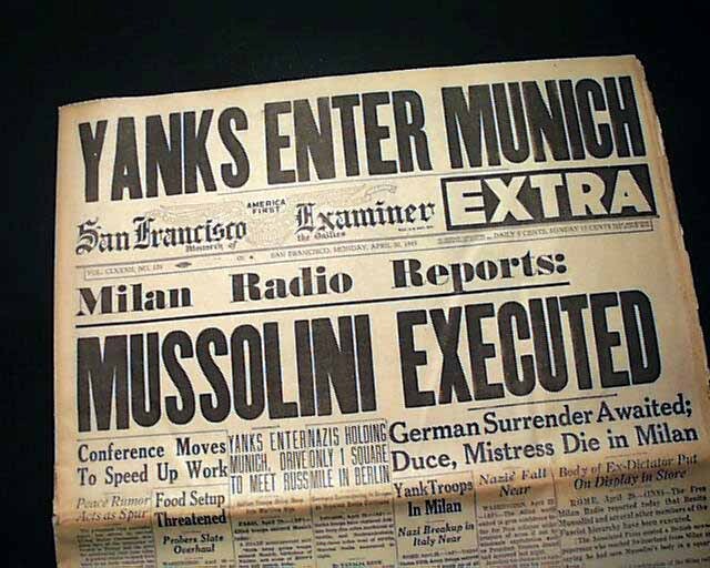 Manchete “MUSSOLINI EXECUTED“ no jornal San Francisco Examiner