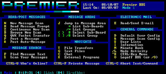 Tela de um BBS moderno, ainda em modo texto