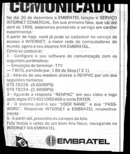 Anúncio da Embratel, em recorte de jornal, explicando como participar dos testes da Internet discada