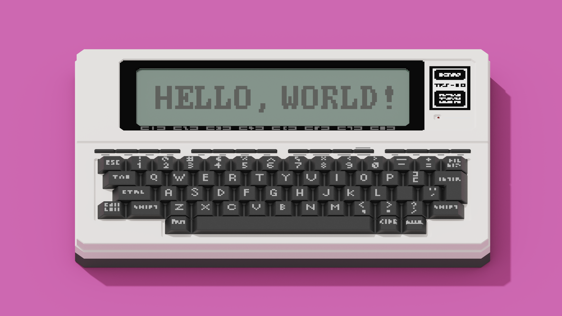 Post by MHzModels. “2.4 MHz | TRS-80 Model 100 #Tandy #FediArt #RetroComputing“ The post contains an image with the following description: “Voxel model of a RadioShack Tandy TRS-80 Model 100 portable computer. The text “Hello, World!“ is visible on the display.“ Posted on 1 May 2023 13:52