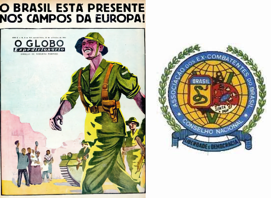 Capa do jornal O Globo sobre a presença do Brasil na Itália, e o símbolo da associação dos ex-combatentes, com o lema “Liberdade e Democracia“