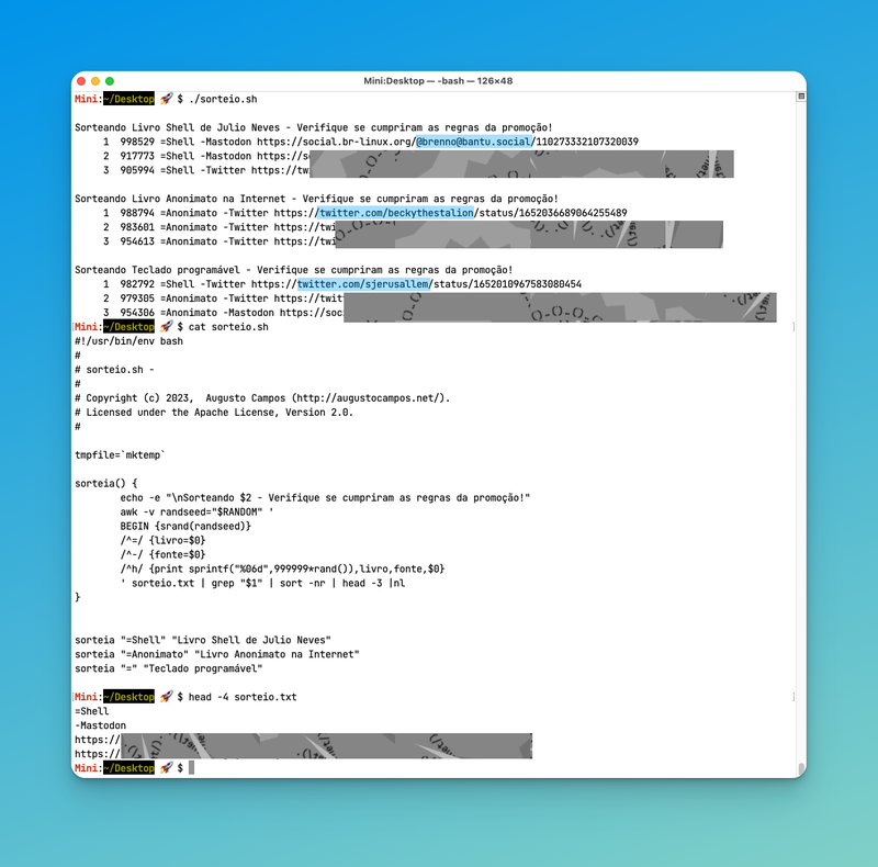 Print do Terminal com o resultado, o script e as primeiras 4 linhas do arquivo de dados