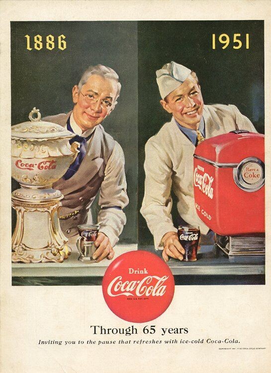 Cartaz comemorando os 65 anos da Coca-Cola, em 1951, mostrando a farmácia que primeiro vendeu o elixir, em 1886