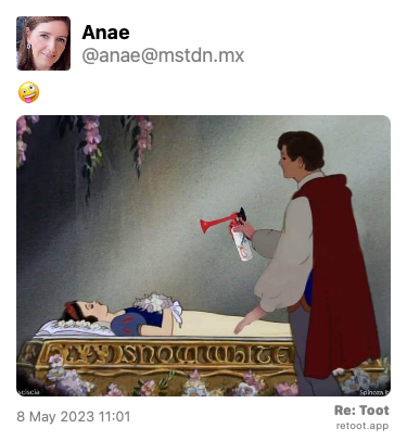 O príncipe, com uma buzina a gás, se aproxima da Branca de Neve adormecida.<br><br>Post by Anae. “🤪“ The post contains an image with no description. Posted on 8 May 2023 11:01