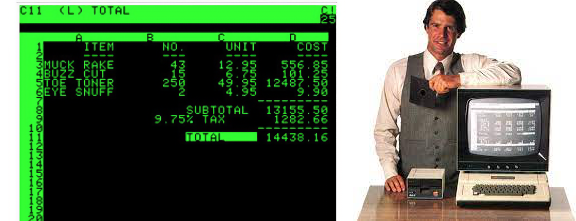 Tela e anúncio do VisiCalc em um Apple II