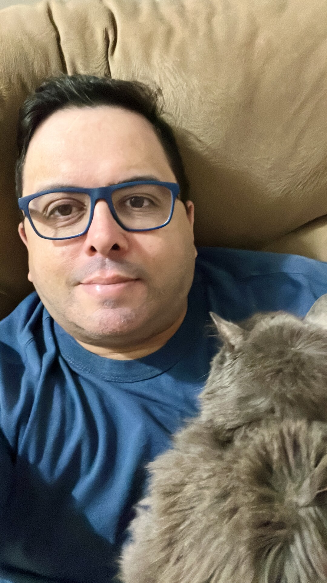 Eu, sentado na poltrona, com um gato cinza dormindo no meu colo