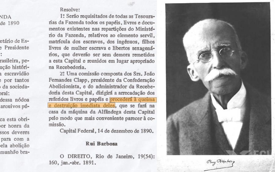 Trecho da ordem de queima dos arquivos, e foto em preto e branco de Ruy Barbosa