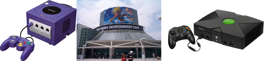 Fotos do GameCube, da fachada da E3, e do Xbox
