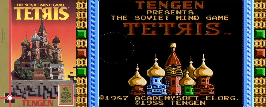 Caixa e tela de abertura do Tetris da Tengen para o NES