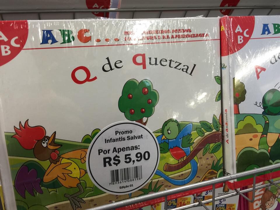 Livro infantil da série ABC dos Bichos, com o título “Q de Quetzal“, e o desenho da ave da América Central
