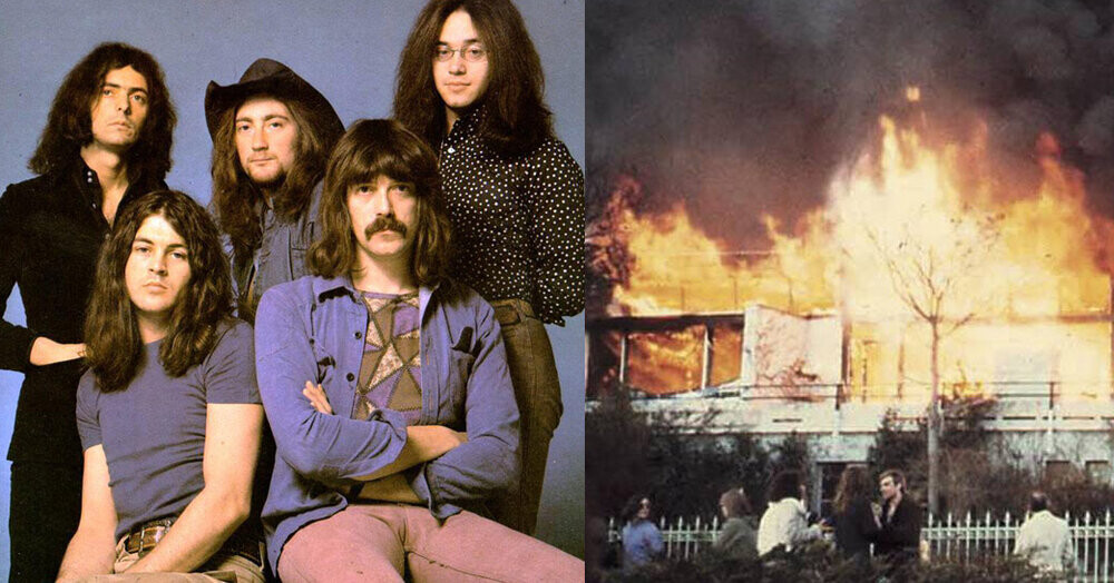 Montagem de fotos da banda e do incêndio