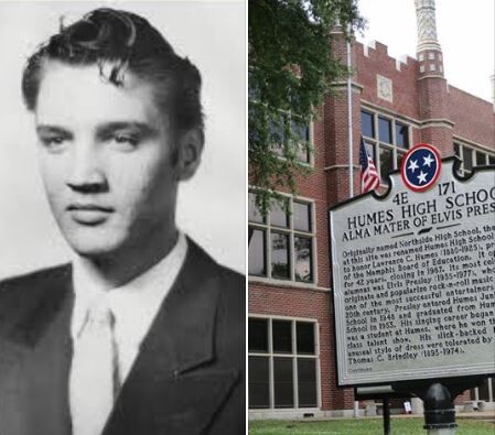 Foto em preto e branco do estudante Elvis, ao lado de foto moderna de sua escola, com placa comemorativa de sua passagem por lá.