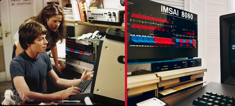 Cena do filme, e detalhe do painel do IMSAI 8080